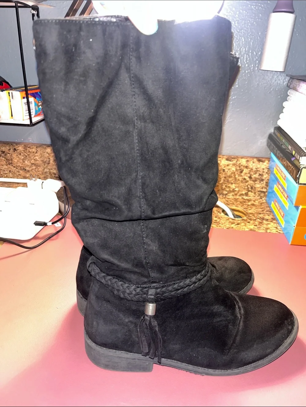 Girls' Black Suede-Look Braided Mid-Calf Boots